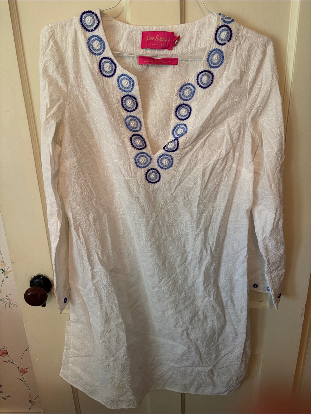 Lilly Pulitzer White Tunic with Blue Embroidered Trim